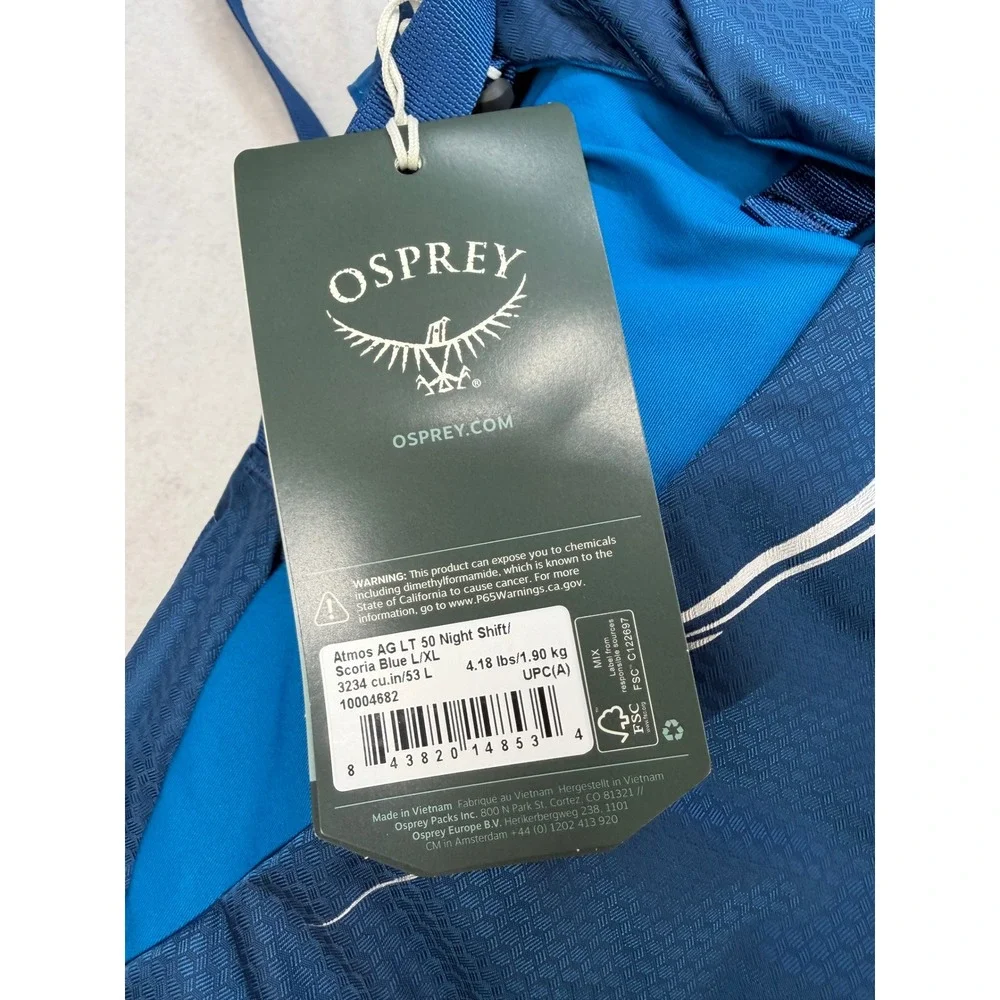 Osprey Atmos AG LT 50 Men's Backpacking Pack Scoria Blue L/XL New $300 Retail